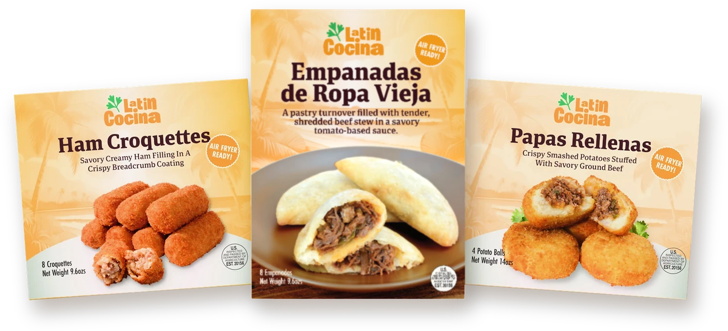 Latin Cocina Ham Croquettes, Empanadas de Ropa Vieja and Papas Rellenas boxes